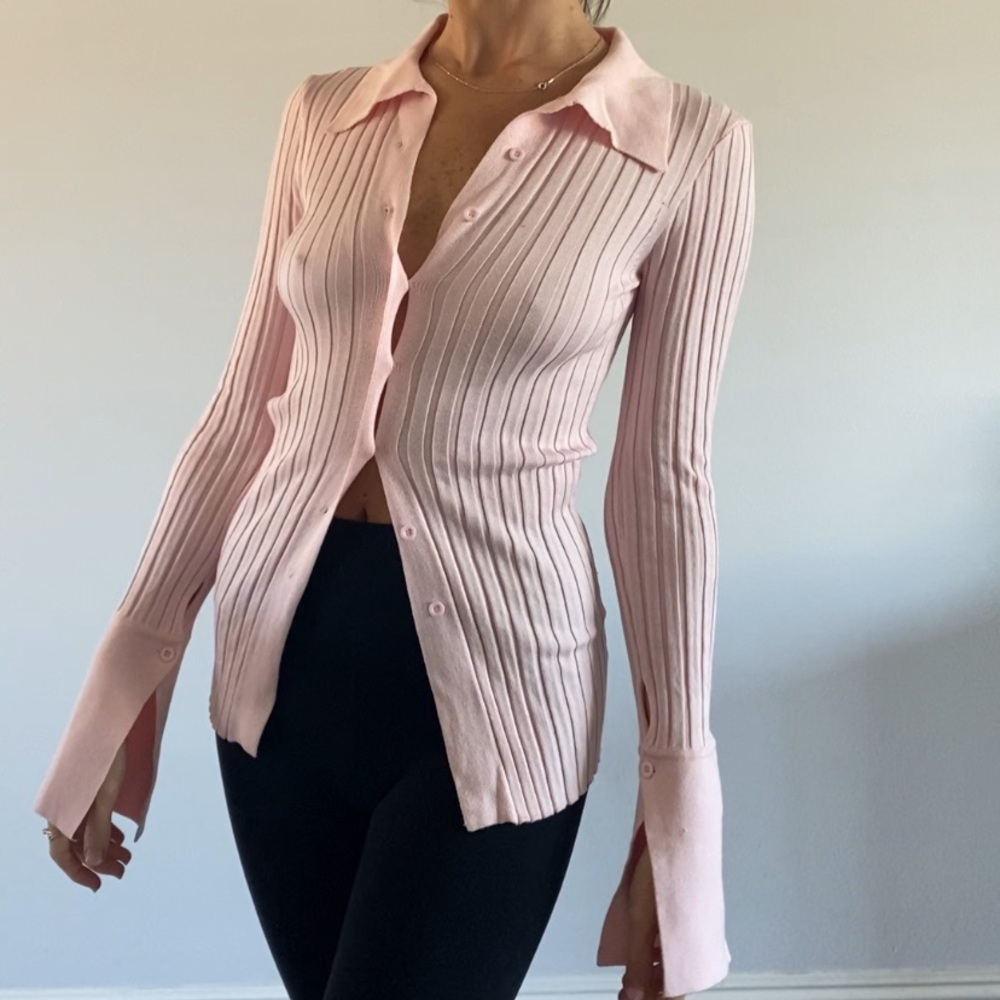 Retro rib sweater knit button up collared shirt